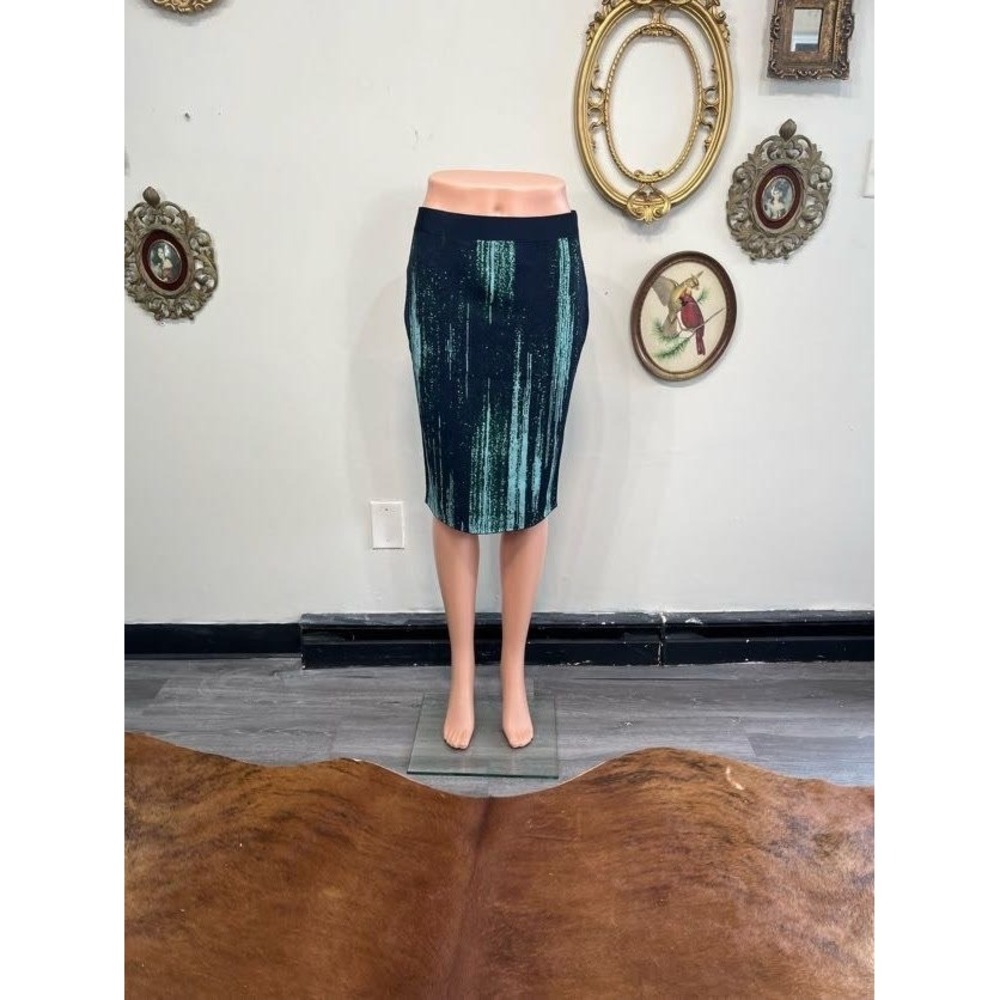 Vintage Y2K Style Abstract Teal Knit Pencil Skirt Bodycon Midi Stretchy Size M